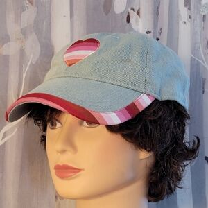 LOVE IS LOVE  Pink Embroidered Heart Adjustable Denim Ball Cap Hat By Hot Topic